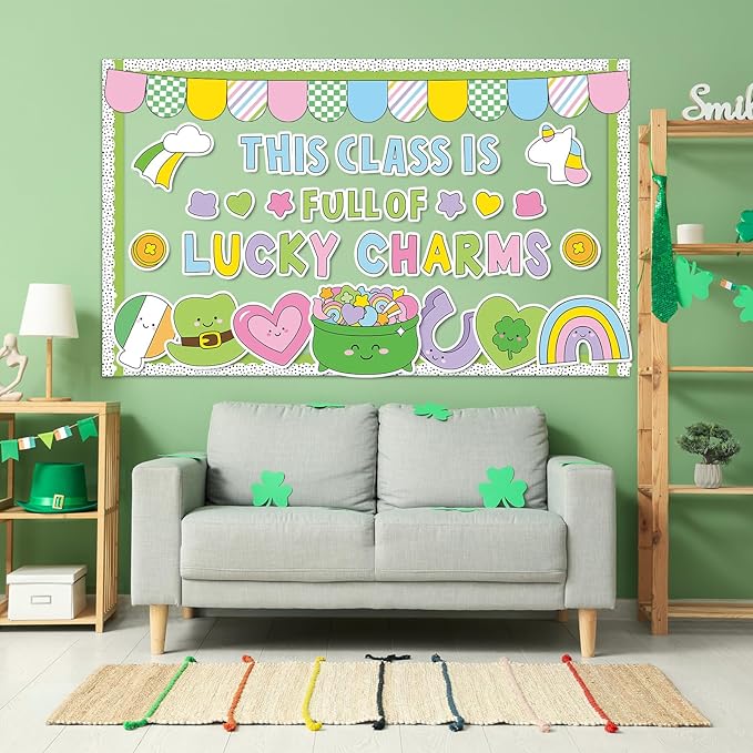 St. Patrick's Day Bulletin Board Decoration Lucky Shamrock Clover Rainbow Gold Coin Irish Clover Cutouts March Classroom Bulletin Board Set for School Chalkboard Wall Door Decoration Favor