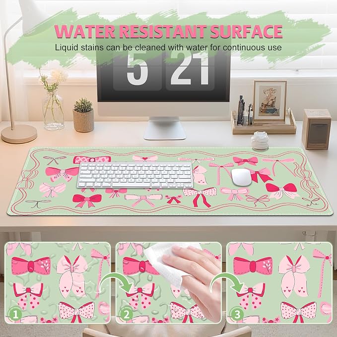 Desk Pad for Keyboard and Mouse, Large Mouse Pad for Desk, Non-Slip Keyboard Mat, Computer Mats for Desk, Desk Pad with Stitched Edges for Office, Gaming I Green Various Pink Bows