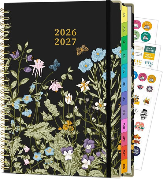 Planner 2026-2027, A4 Hardcover Weekly and Monthly Calendar Planner from July 2026 - June 2027, 8.5" x 11" Daily Agenda with Monthly Tabs, Spiral Bound, Inner Pocket, Cute Journal Organizer Notebook for Office School-Wild Flower