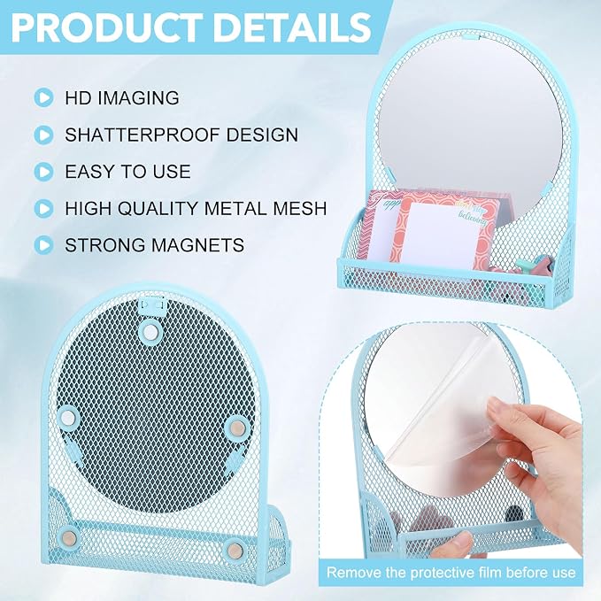 Weysat Set of 5 Magnetic Locker Accessories Mirror with 2 Magnetic Pen Holder and 2 Wire Mesh Storage Basket for Students Back to School Locker Organizer for Office End of School Years Gifts(Blue)