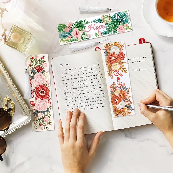 8 Pieces Christian Bible Verse Diamond Art Bookmarks 5d Christian Beaded Bookmark Acrylic Tassel Bookmark for DIY Making Beginners Adults Arts Craft Supplies (Floral-2)