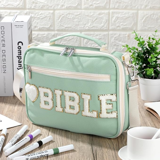 Silkfly Sage Green Bible Cover Case Preppy Large Chenille Letter Church Bag with Shoulder Strap Handle Back to School Gifts Waterproof Christian Tote Bag for Women Teacher Bible Accessories