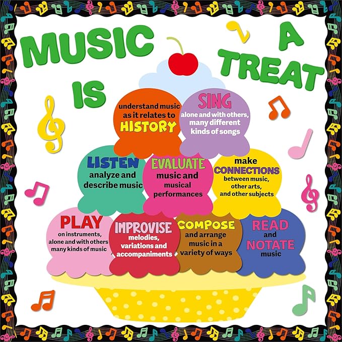 Naozinebi Music Bulletin Board Set Music is A Treat Classroom Decorations Dessert Tags Cutouts Colorful Crafts for Teachers Students Back to School Kindergarten Wall Door Decor Summer Party Supplies