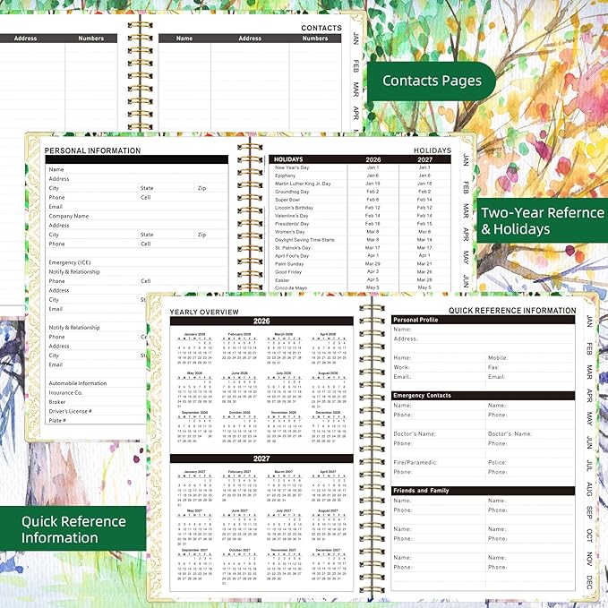 2026 Planner, Jan.2026 - Dec.2026 Planner Weekly and Monthly 6.25"x8.5" with Page Tabs, Calendar Hardcover with Inner Pocket, Elastic Band, Twin-Wire Binding, Bookmark, Color tree