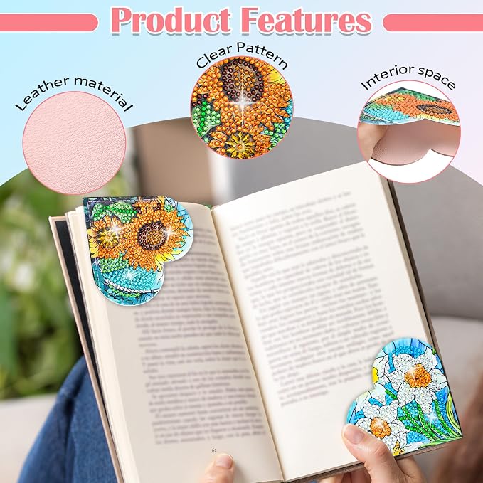 4 Pcs Diamond Painting Bookmark, DIY Corner Book Makers for Adults Book Lovers, Diamond Dot Art Beginners, Small Diamond Art Kits, Paint by Art Crafts Gift for Women Girls (Heart Flower)