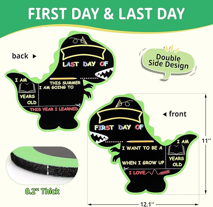 First and Last Day of School Chalkboard Sign with 4 Chalk Markers -12''×11'' Double Sided Back to School Sign Photo Prop for Preschool Kindergarten (Black-Dinosaur)