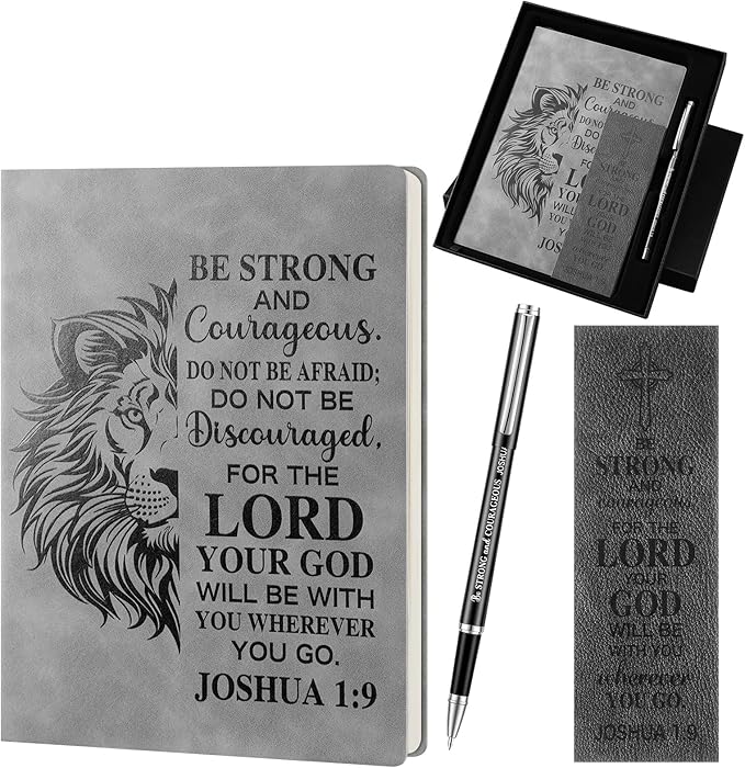 Fuyoooo 4 Pcs Christian Gifts for Men Father's Day Pastor Appreciation Gifts Vintage Leather Hardcover Notebook 1 Timothy 6:11 Religious Bible Verse Pen Joshua 1:9 Bookmark & Box(Lion,Gray)