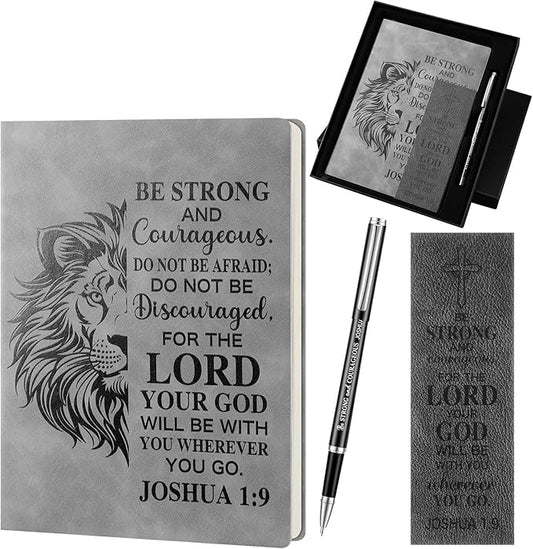 Fuyoooo 4 Pcs Christian Gifts for Men Father's Day Pastor Appreciation Gifts Vintage Leather Hardcover Notebook 1 Timothy 6:11 Religious Bible Verse Pen Joshua 1:9 Bookmark & Box(Lion,Gray)