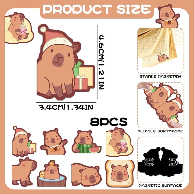 Capybara Magnetic Bookmarks Gifts - 8 Pcs Cute Animals Bookmark for Women Book Lovers Students Funny Page Clips Office Reading Accessories Bookworms Gift for Birthday Christmas