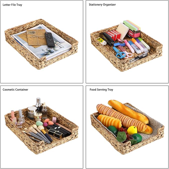 BTSKY Multipurpose A4 File Tray Natural Water Hyacinth Desk Tray Organizer Woven Letter Size Desk Documents Trays Magazine Files Storage Basket Organizer Bin for Office Cosmetics Bathroom