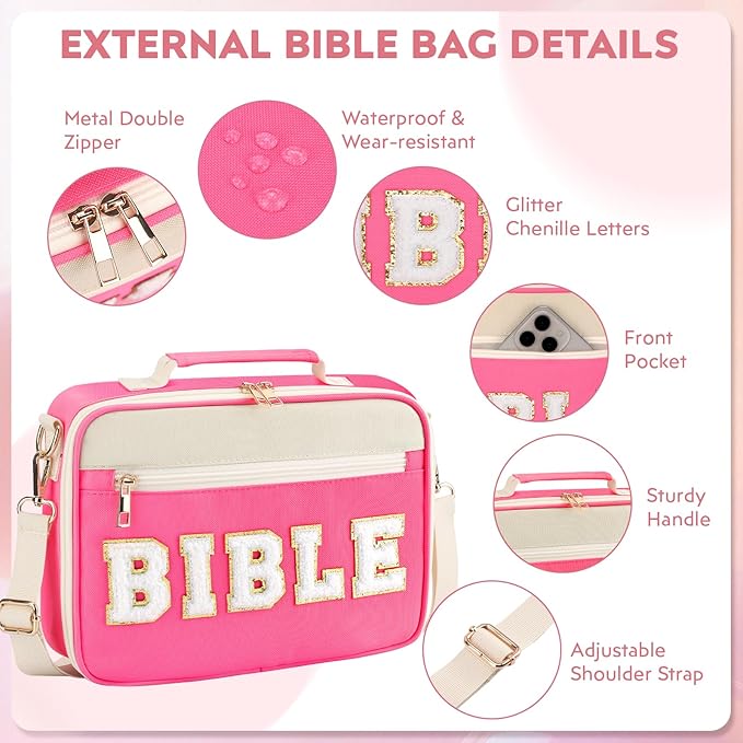 Bible Cover Case for Women Grils, Preppy Bible Bag with Adjustable Shoulder Strap, Waterproof Bible Carrying Tote Bags Holder for Bible Study Supplies Accessories & Christian Gifts (Rose Red)