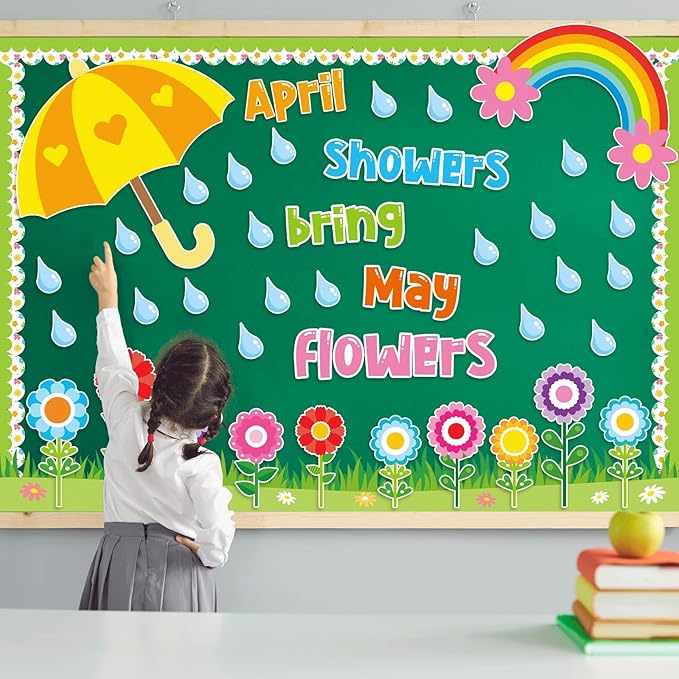 Spring Bulletin Board Decorations April Showers Bring May Flowers Bulletin Board Decorations Set Colorful Flower Umbrella Rainbow Paper Cutouts for School Classroom Whiteboard Home Party Decor Supplie