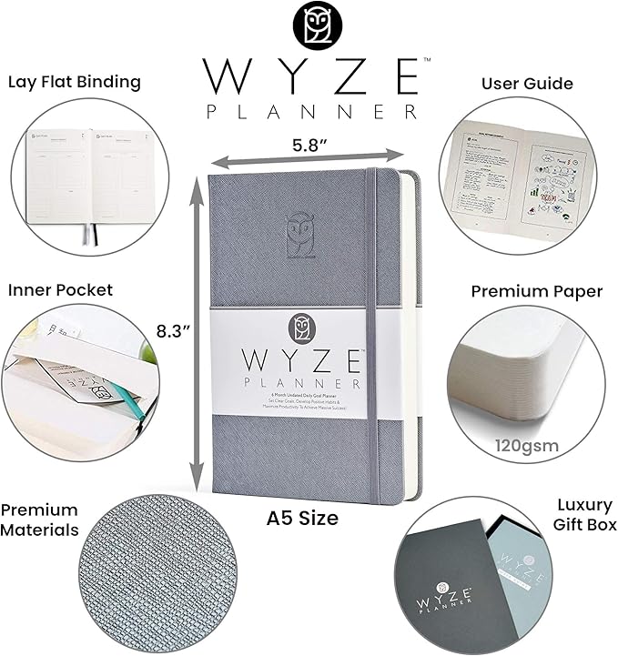 Wyze Planner Undated Daily Planner – 6-Month A5 Productivity Organizer with Full Page Per Day, Hourly Schedule, Goal Setting, Habit Tracker, Weekly & Monthly Pages – Hardcover Time Management Notebook (Gray)