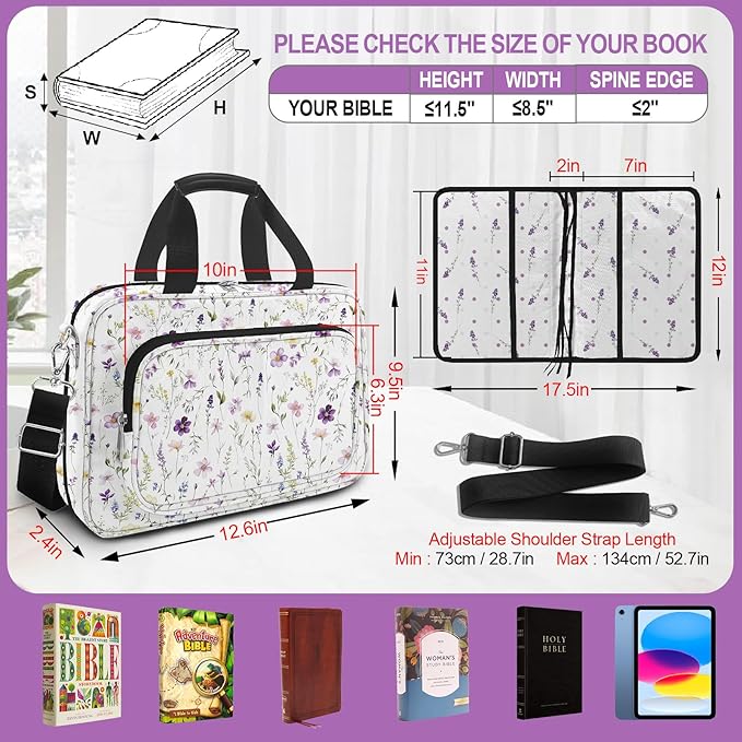 Floral Bible Cover for Women,Bible Carrying Case for Girls,Large Bible Bag for Woman Organizer,White Flower Bible Holder,Bible Study Supplies Kit with Highlighters,Tabs,Pens,Christian Gift