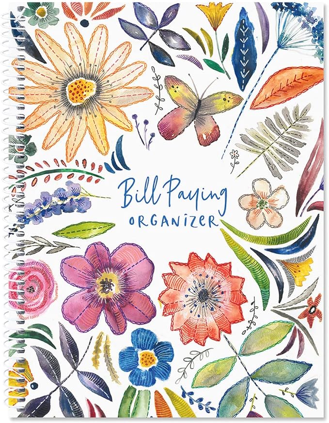 Current Embroidered Florals Bill Paying Organizer Book-9" x 12” Personal Account Book,Spiral Bound,14 Storage Pockets,32 Label Stickers, Monthly Finance & Payment Management Tracker for Home & Office
