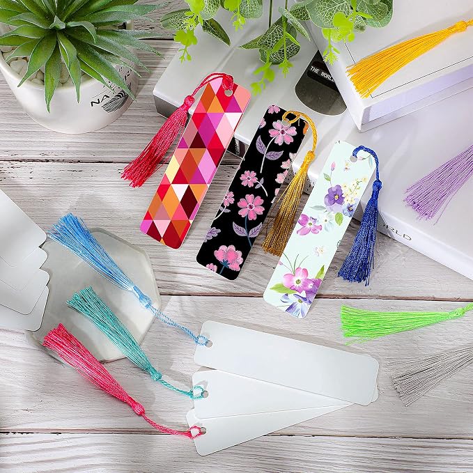 Tenare 120 Pcs Sublimation Blank Bookmarks Metal Heat Transfer Aluminum Bookmarks Bulk with Hole and Colorful Tassels for School Birthday Wedding DIY Projects and Gift Tag