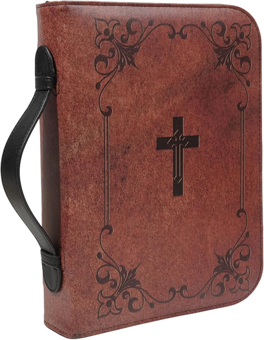 Large Bible Cover Case for Men & Women, Premium Faux Leather Bible Bag with Handle & Zipper, Christian Cross Book Carrying Case & Protector, Bible Study Supplies, Religious Gift(11.2 x 8 x 2.2 in)