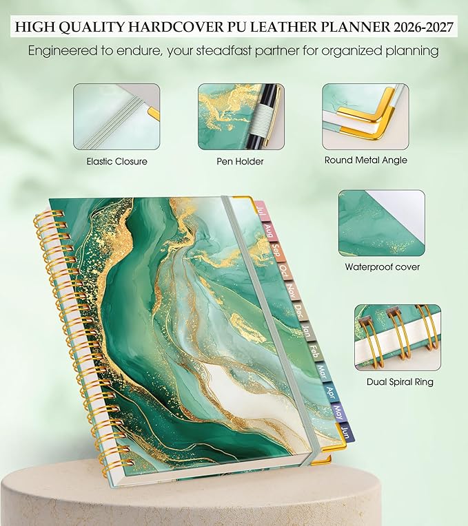 Academic Planner 2026-2027, Hardcover Leather Weekly and Monthly Calendar Planner from July 2026 - June 2027, A4 8.5" x 11" Daily Agenda with Tabs, College School Organizer for Student Teacher, Slate (Marble)