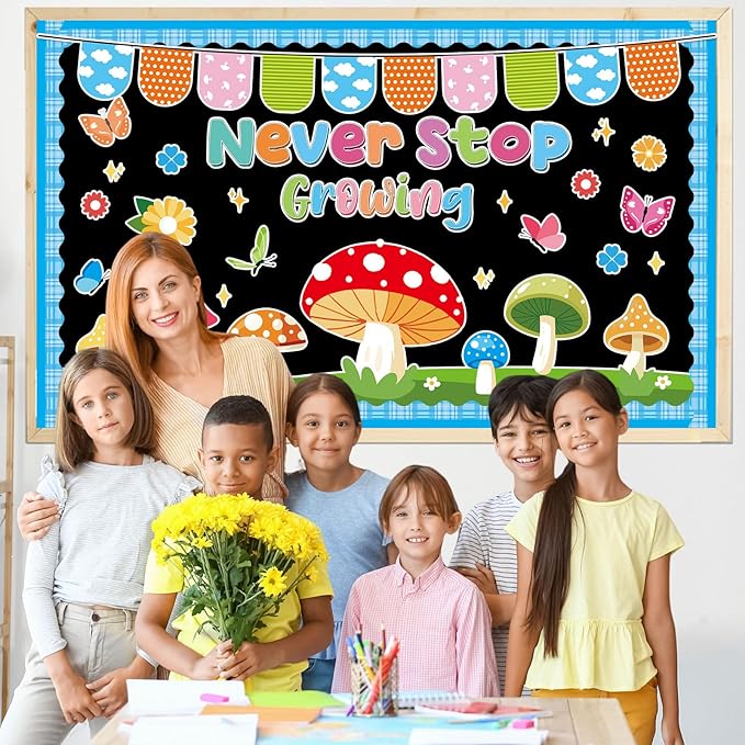 Spring Bulletin Board Set Never Stop Growing Cutouts Spring Party Classroom Decoration Starry Mushroom Bulletin Board Mushrooms Butterflies Flowers Cutouts for School Classroom Chalkboard Wall Decor
