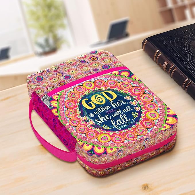 God Is Within Her Bible Cover for Women, Scripture Bible Case with Handle and Zipper Pocket, Canvas Bible Bag Fits Standard Size, Christian Gift for Girls, Church Use, Bible Study Organizer