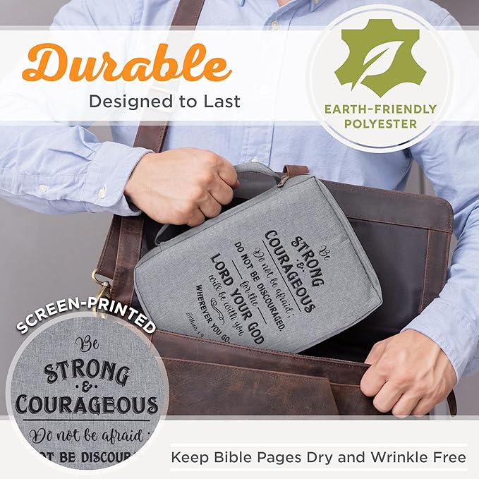 Christian Art Gifts Men/Women's Bible Cover Strong & Couragrous Joshua 1:9, Gray Canvas, Large