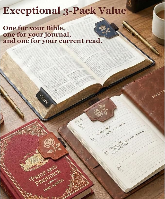 Tiizze 3-Pack Magnetic Leather Bookmarks with Integrated Pen Holder - Thin Page Markers for Bible Study, Laser Engraved Religious Christian Gifts for Women & Men, Page-Safe Magnets (Roses)