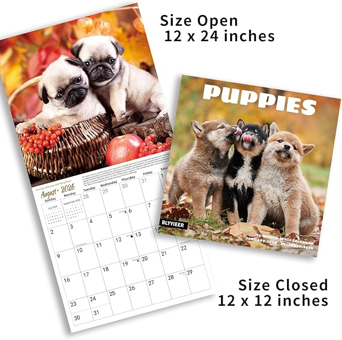 2026 Wall Calendar,Calendar 2026,Puppy Monthly Wall Calendar, 12" x 24" Open,Family Planner Calendar Organizer with Cute Puppy Images, for Puppies Dogs Lovers