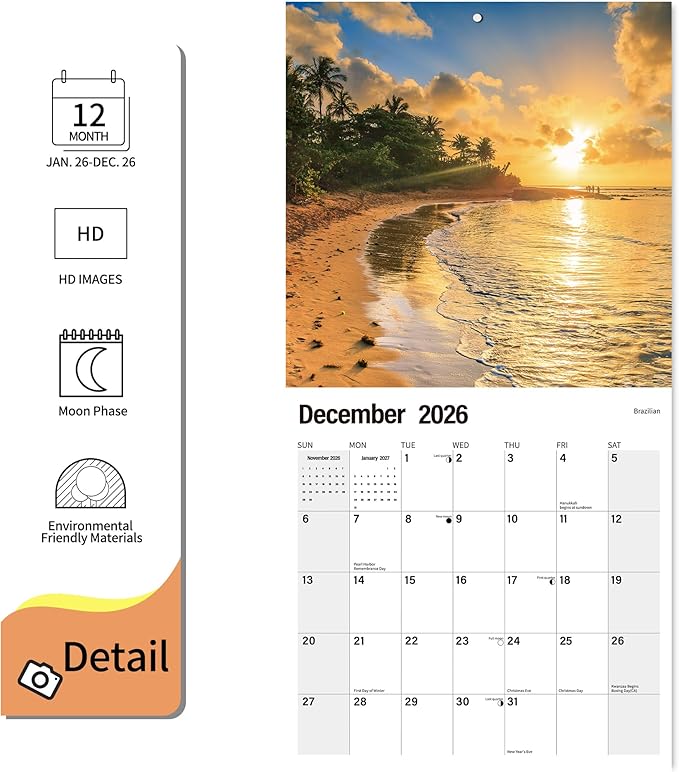 2026 Wall Calendar Planner Calendar - Sunset On The Beach Hangable Monthly Wall Calendar with Large Blocks for Organizing & Planning, Academic Schedule, Home, Office & family, Thick & Sturdy Paper