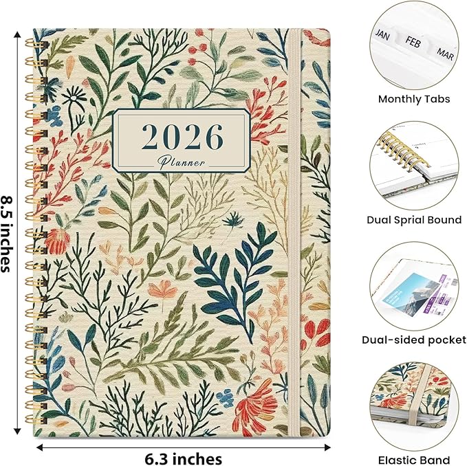 2026 Planner, Weekly and Monthly Planner for Women, January 2026 - December 2026, Hardcover 2026 Calendar Planner Book with Tabs, Inner Pocket, Spiral Bound, Perfect for Office Home School Supplies - A5 (6.3" x 8.5"), Herbs