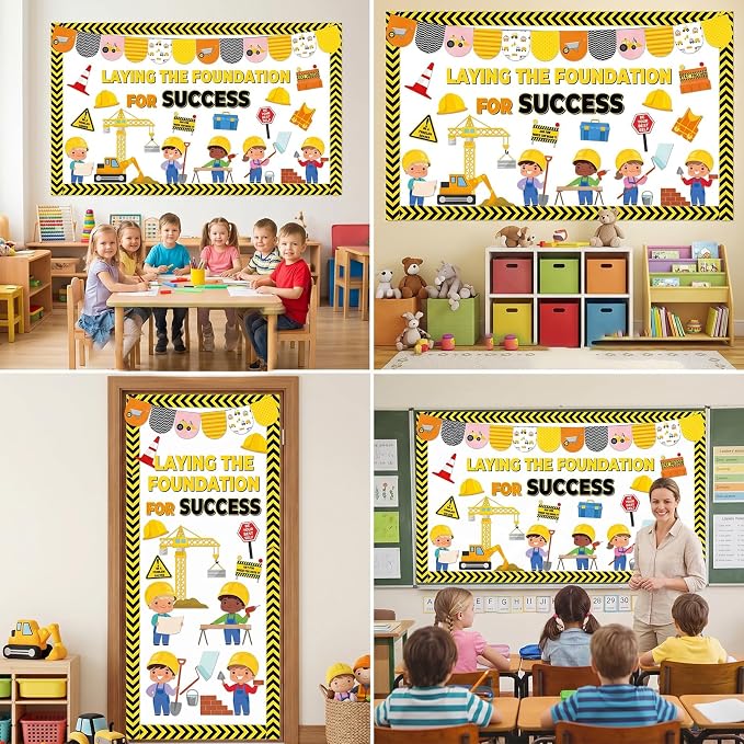 Construction Bulletin Board Set Inspirational Classroom Decoration Laying the Foundation for Success Bulletin Board DIY Name Tag Positive Paper Cutout for Back to School Classroom Home Wall Decor