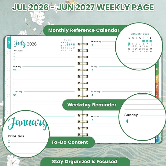 Planner 2026-2027 - JUL 2026 - JUN 2027, Academic Planner 2026-2027, Weekly and Monthly, Calendar 26-27 with Premium Paper, Twin-wire Binding - Hardcover (6.4" x 8.5", Green, Back Pocket)