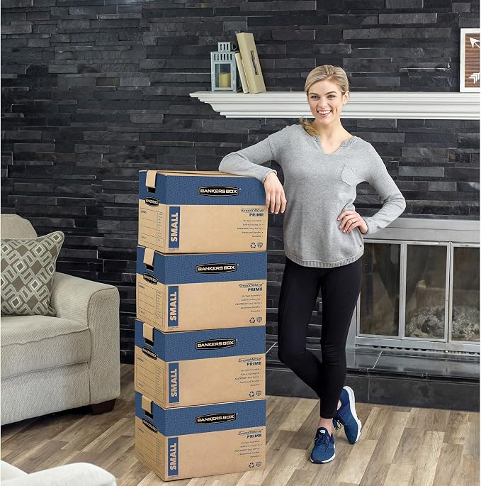 Bankers Box Medium Prime Moving Boxes, Tape-Free FastFold with Reinforced Handles and Attached Locking Lid (Pack of 15)