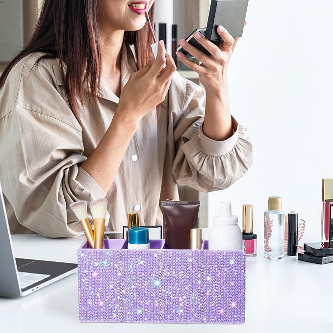 Bling Desk Organizer for Women, Rhinestone Pen Makeup Brush Holder, Girly Desk Accessories Organizer for Office Classroom Elevate Your Workspace with Serenity(Rhinestone,Purple)