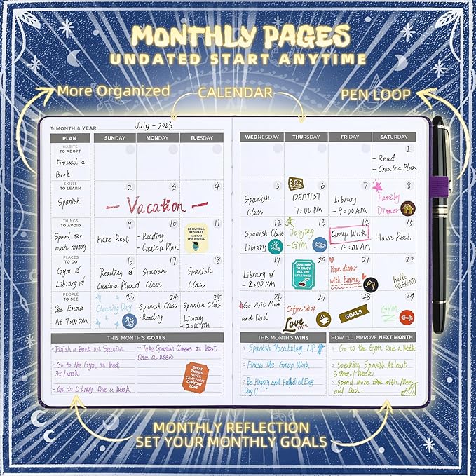Undated Academic Planner Hardcover (5.5x8.5") - Flexible Weekly & Monthly Organizer with Stickers, Productivity Journal for Students & Professionals(Navy Blue)