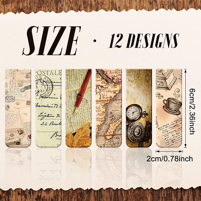 Tenare 12 Pcs Magnetic Bookmarks 12 Style Magnet Page Markers Assorted Bookmarks Clips for Reading Double Side Bookmark for Women Men Students Teachers End of School Year Gifts for Kids Bulk(Retro)