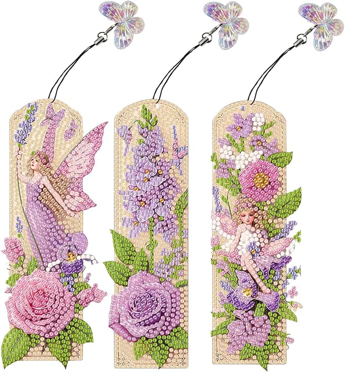 ARTopet 3Pcs DIY Diamond Art Painting Bookmarks with Colorful Butterfly Pendant PET Bookmark Ornament Double Sided Pattern Single Sided Diamond Book Marker Clip Gifts Tags-Flowers06