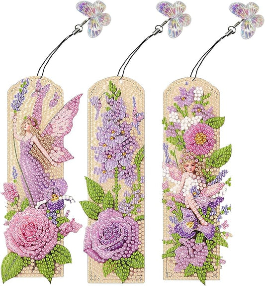 ARTopet 3Pcs DIY Diamond Art Painting Bookmarks with Colorful Butterfly Pendant PET Bookmark Ornament Double Sided Pattern Single Sided Diamond Book Marker Clip Gifts Tags-Flowers06