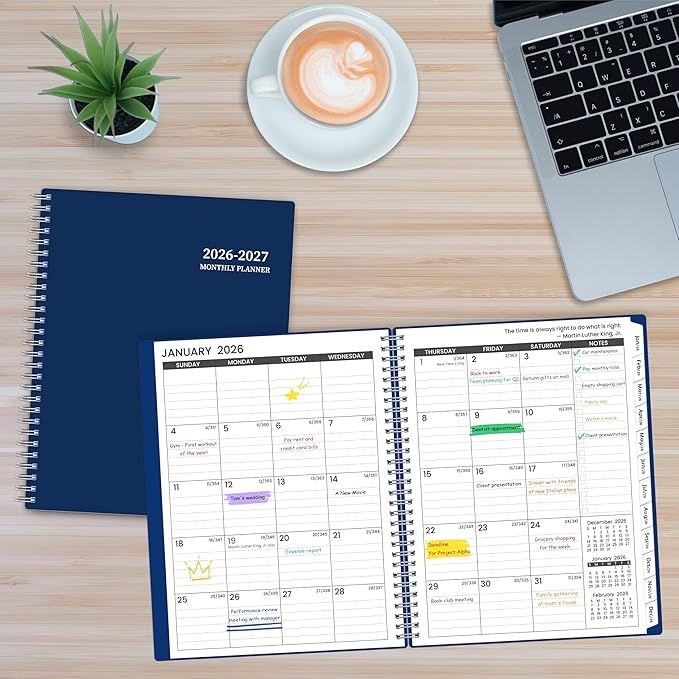 2026-2027 Monthly Planner, 18 Monthly Calendar Planner, January 2026 - June 2027, 8’’ x 10’’, 2026 Spiral Agenda with Tabs ＆Pocket, Flexible Cover, Organizer Notebook for Office Home School, Blue