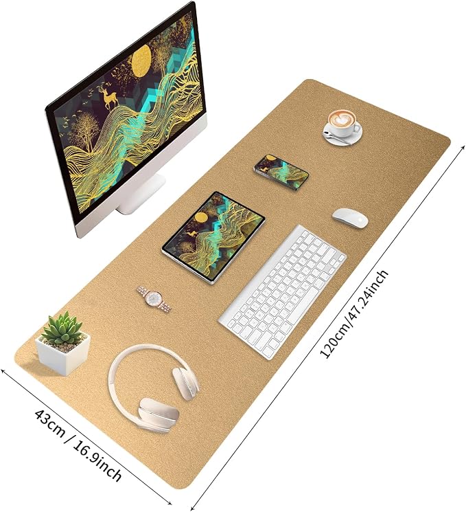 Bloss Gold Leather Desk Mat 47.2" x 16.9", Large Keyboard Pad for Desk, Desk Matt for Desktop, Waterproof Desk Pad Mat, Computer Mat for Office/Home/Decor