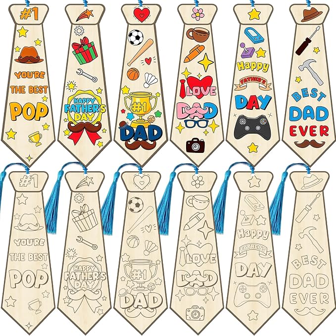 36Pcs Color Your Own Father's Day Bookmarks for Kids, Fathers Day DIY Tie Art Craft Kits Make Your Own Tie Bookmarks with Tassels DIY Father's Day Art Craft Gifts from Kids for Party Goodie Fillers