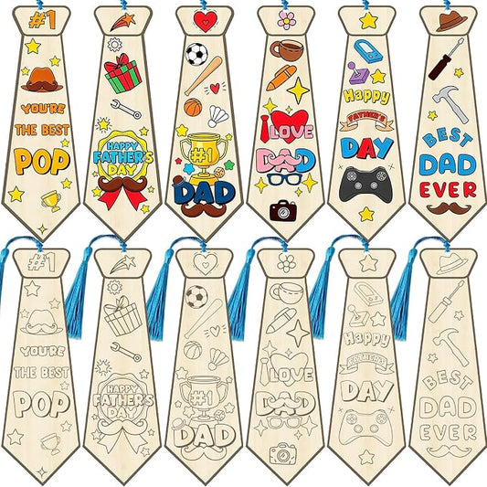 36Pcs Color Your Own Father's Day Bookmarks for Kids, Fathers Day DIY Tie Art Craft Kits Make Your Own Tie Bookmarks with Tassels DIY Father's Day Art Craft Gifts from Kids for Party Goodie Fillers
