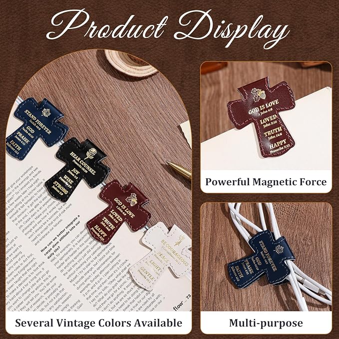 4 PCS Cross Shaped PU Leather Magnetic Bookmarks, Christian Bible Verse Clips with Gold Foil Stamping & Faith Quotes, Leather Book Markers, Religious Gift for Readers, Students & Church Members