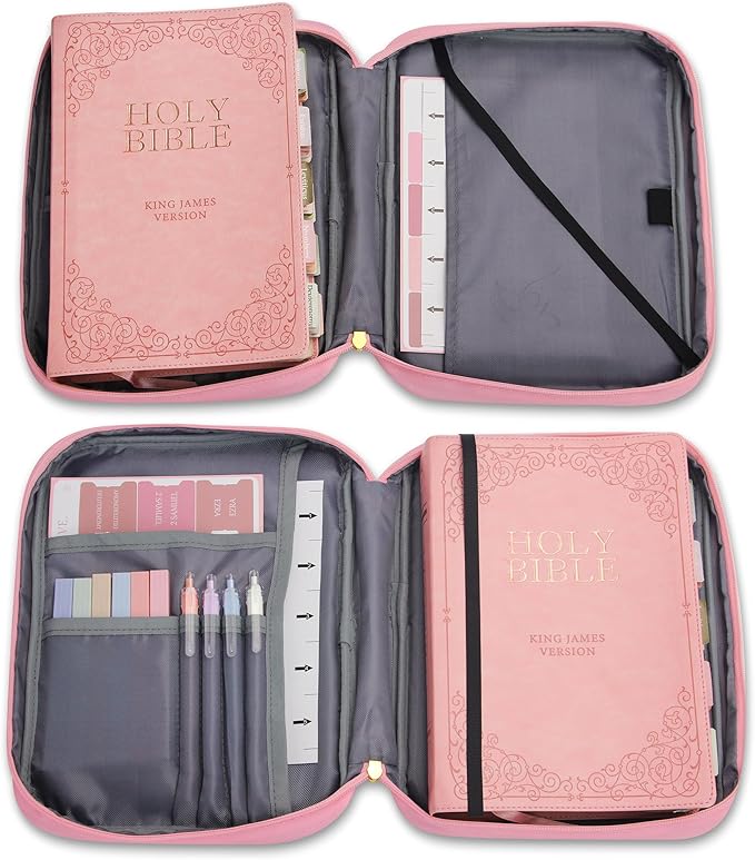 Bible Cover for Women, Bible Holder, Bible Study Supplies Accessories Bible Cover Carrier Carrying Organizer Bag, Zipper and Pockets for Standard Size Bible, Gift for Women（pinksuit）
