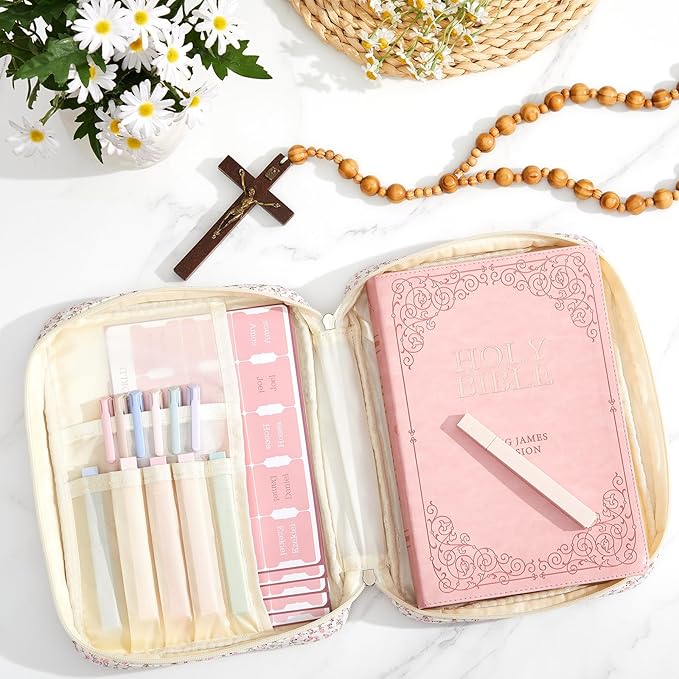 Sinload Quilted Bible Cover Case for Women Large Carrying Bag with Organizer Tabs 6 Colored Pens 6 Highlighters Book Tote Bags with Handle Bible Carry Supplies Christian Gifts(Pink Ditsy Floral)