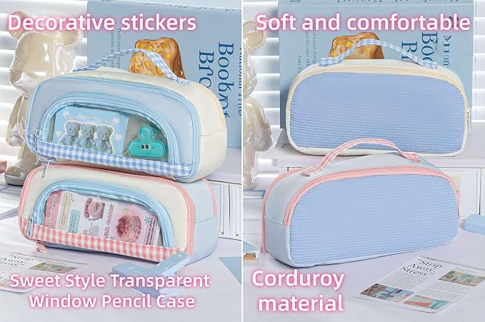 Cute Kawaii Pencil Case Pouch Sweet Check Window Pen Box Holder Organizer for Office Workspace Supplies Desk Accessories Travel Essentials Aesthetic Trendy Cool Stuff Gift Handy Handle (Beige)