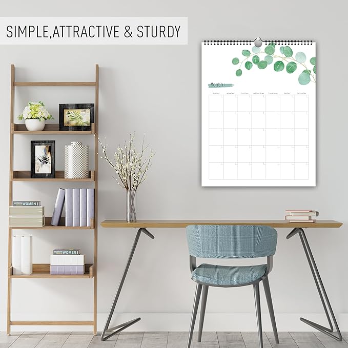 Aesthetic Wall Calendar, Blank Monthly Weekly Wall Calendar, 14.5"x 11.5", Undated Monthly Planner Note Pad for Organizing Home Office, Green Leaves