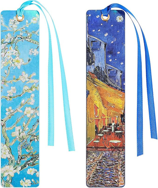 2Pcs Oil Painting Bookmarks for Women, Bookmarks Set for Book Lover, Book Marks for Reading, Vintage Book Marks for Kids Students Classroom Gift for Teacher Night Cafe & Apricot Blossoms