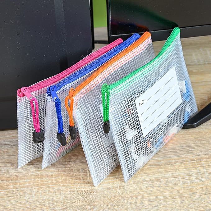 AUSTARK 24pcs Mesh Zipper Pouch Bags with Label, Multipurpose Waterproof Organization Storage Bag for Office School Home Travel (6.3''x4.7'', 12-Colors Zipper)
