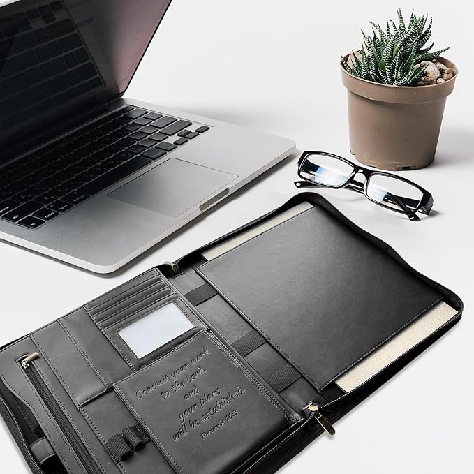 DEHITE Leather Portfolio for Men – Padfolio Case for Men and Women – Black Bible Notebook Organizer – Pen Slots – Zipper Binder – Premium PU Leather – Feels Like Full-Grain – Office Gift Accessories