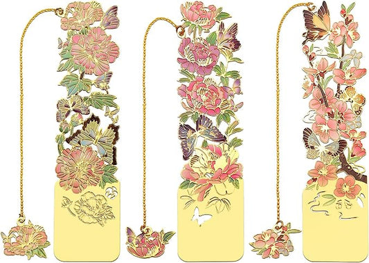 3 PCS Metal Bookmarks - Pretty & Beautiful Flower Bookmarks for Women - Peach Blossom, Cottonrose Hibiscus, Peony